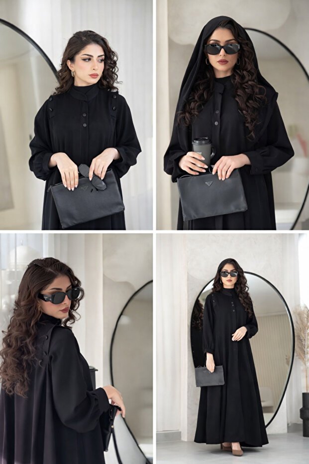 Karmen عباية جوري سوداء -قماش انترنت- قصة ربع كلوش- بأكمام طقطق- مقفولة بطقطق مخفية - الصورة 2