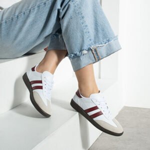 l lugshoes ayakkabı حذاء رياضي أبيض بورجوندي للجنسين للنساء والرجال ذو نعل مريح وشريط مخطط للاستخدام اليومي Sm03
